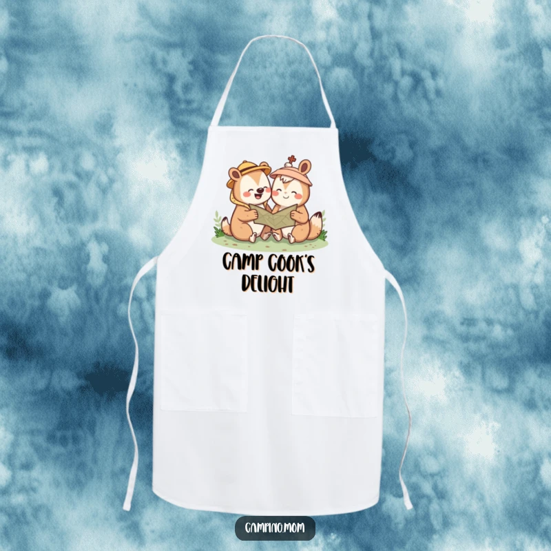 Funny Kawaii camping animal apron showing a cute creature giggling while looking at a map. Hilarious chef gift.