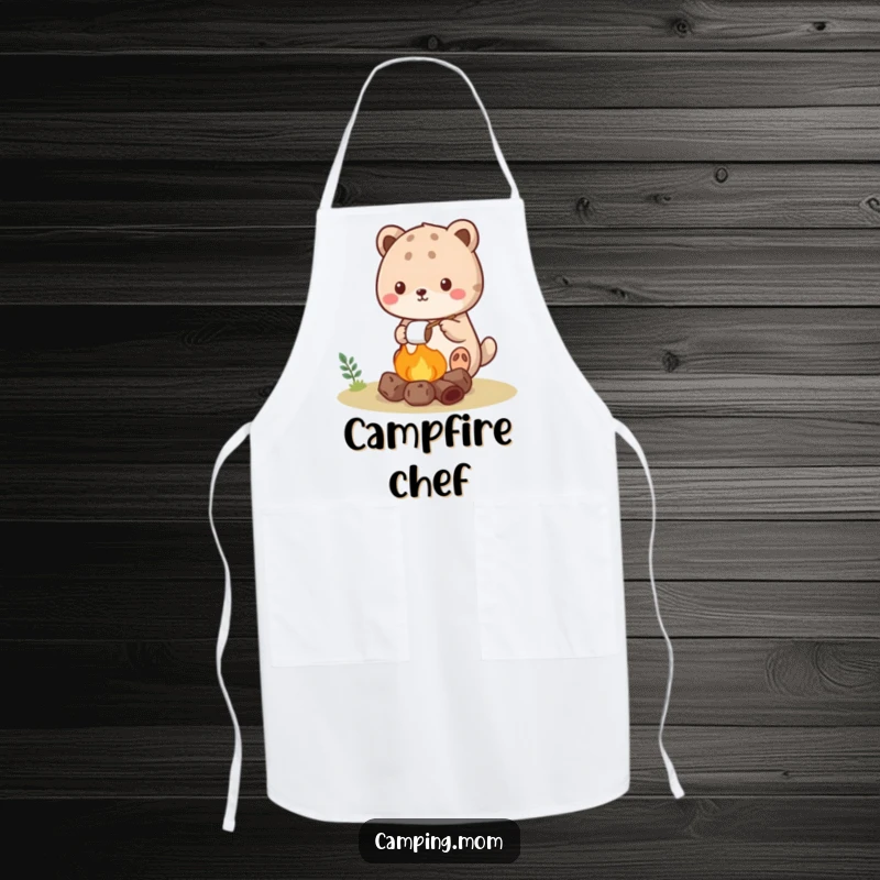 Funny kawaii camping animal apron showing a cute creature roasting a marshmallow over a tiny campfire.
