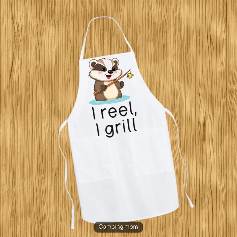 Funny apron showcasing a happy badger with a fishing rod, looking forward to a catch, for kitchen or outdoor fun.