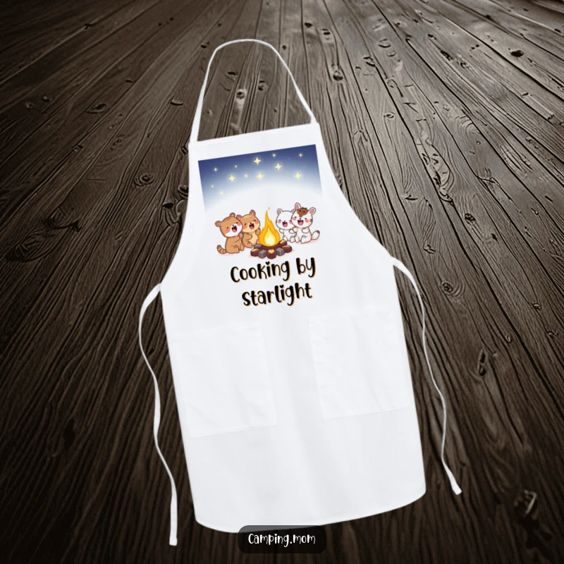 Funny campfire apron featuring animals huddled around a glowing fire under a starry sky, perfect for kitchen duties and nature lovers.