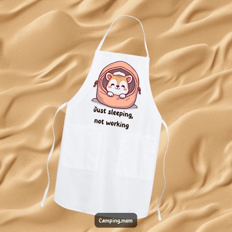 Funny camping animal apron, peeking with a cheerful grin from a sleeping bag, ready to add humor to kitchen tasks.