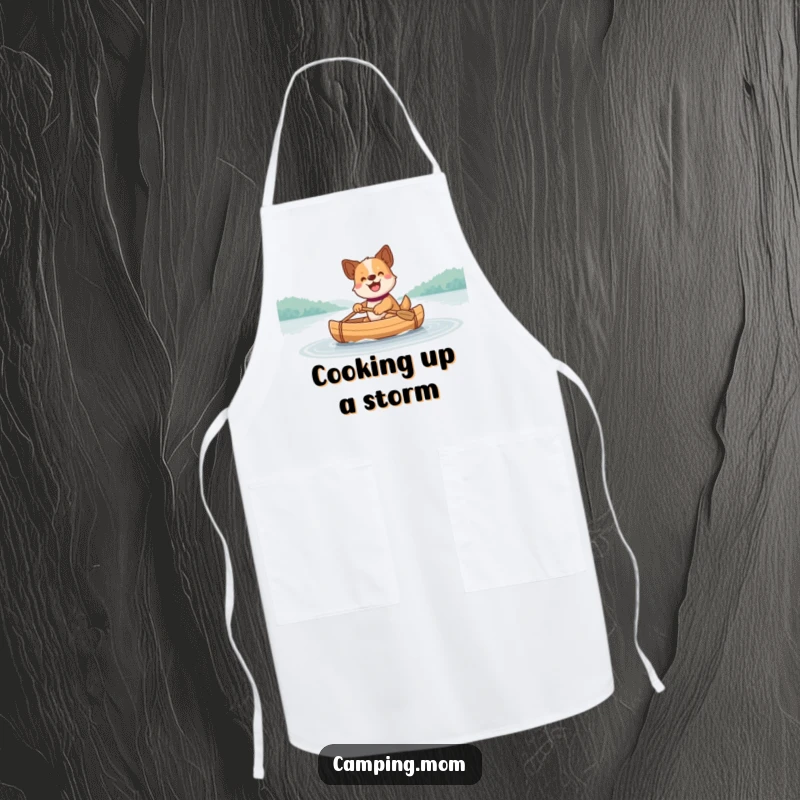Funny Dog Apron: An apron showcasing a happy dog paddling a small canoe across a calm, serene lake.