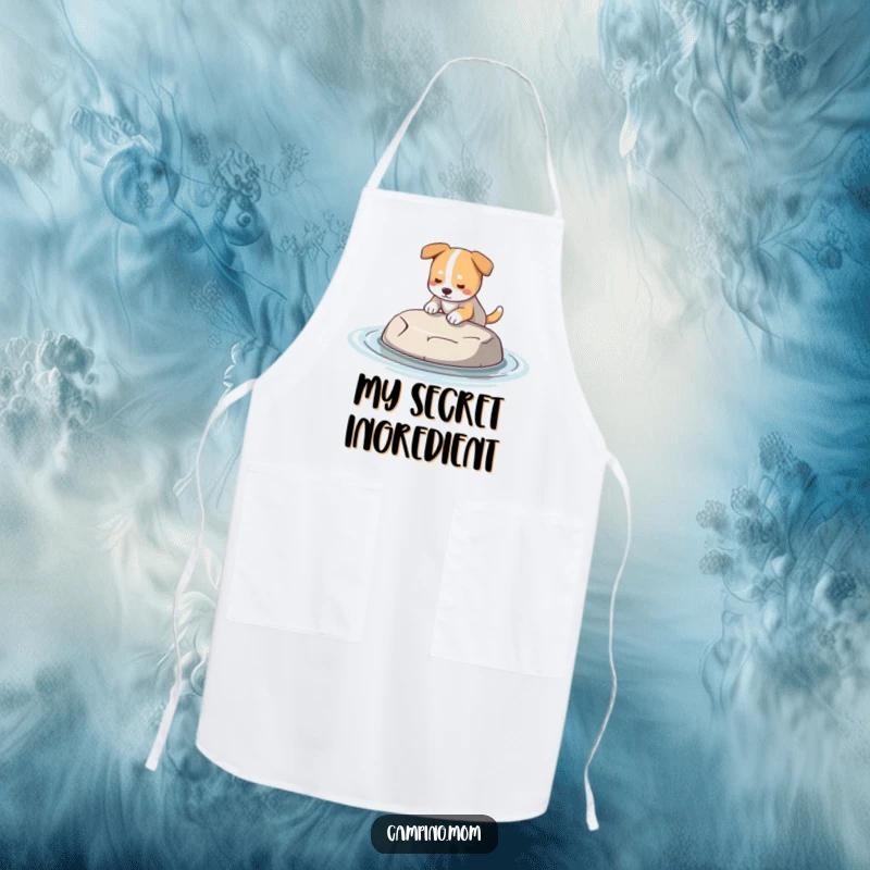Funny Dog Apron: An apron showcasing a dog holding a perfect, smooth skipping stone, ready to skip.