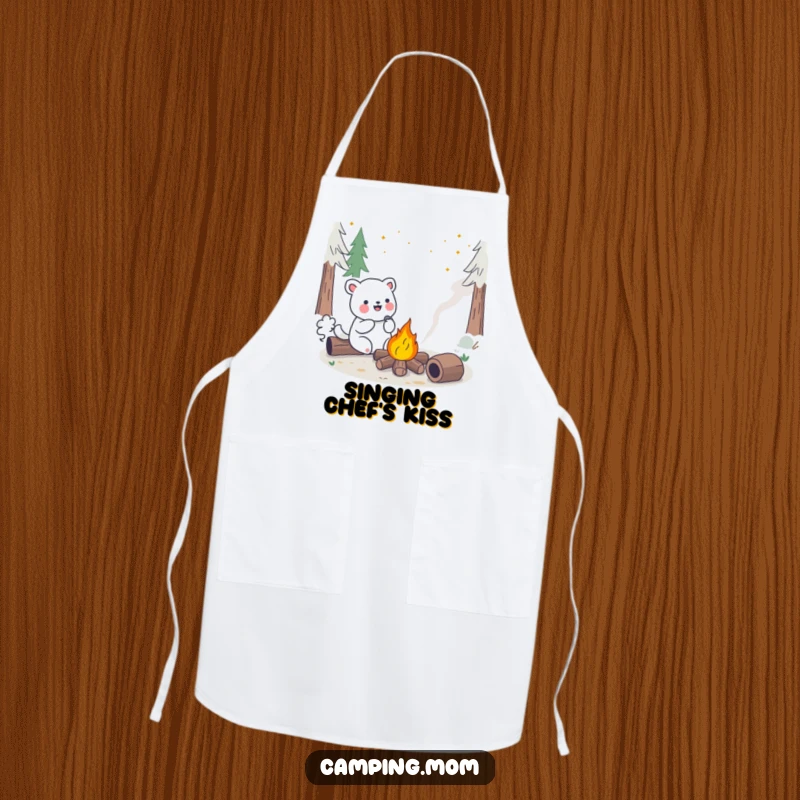 Funny Kawaii Camping Animal Apron showing a happy singing creature next to a vibrant campfire, ideal for kitchen fun.