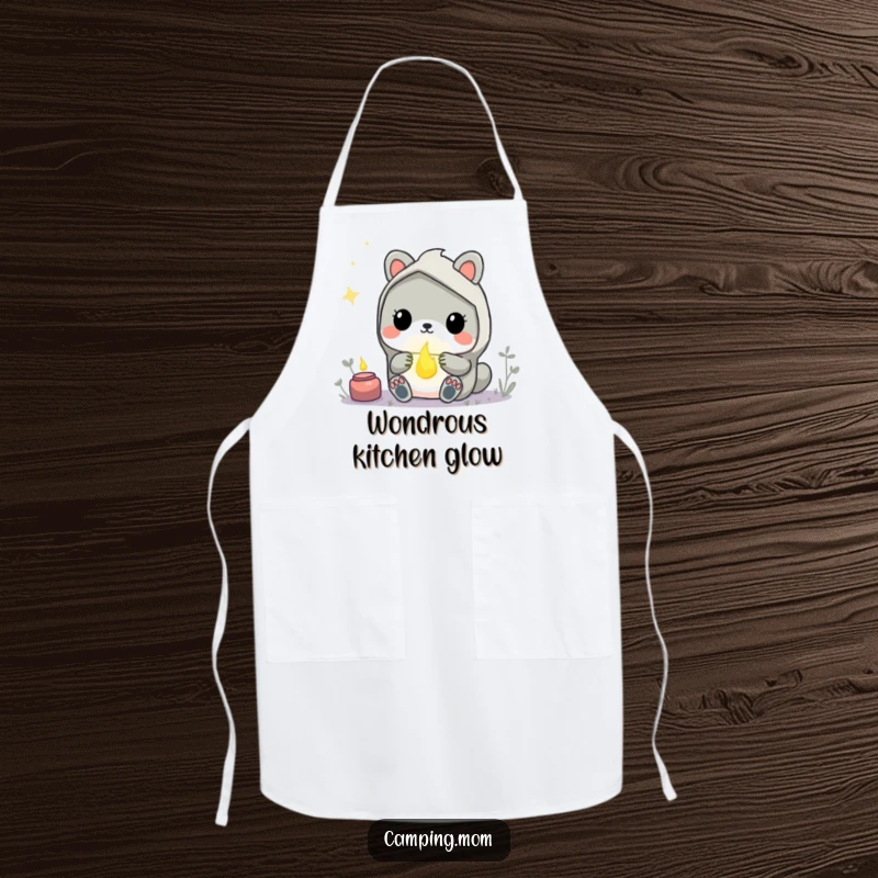 Funny Kawaii Camping Animal Apron showing a creature in awe of a glowing firefly, ideal for enchanting kitchen adventures.