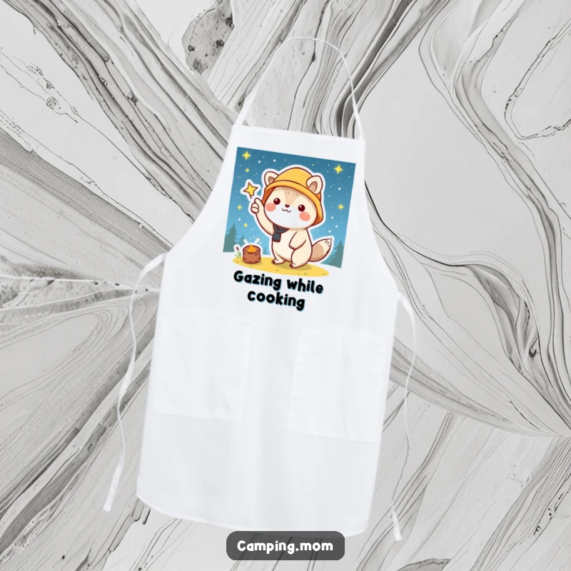 Funny apron featuring a kawaii camping animal pointing at a beautiful starry night sky, perfect for kitchen adventures.