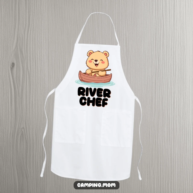 Funny apron with a cheerful mama bear giggling while sitting in a canoe, perfect for waterside cooking.