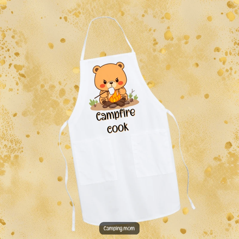 Funny apron with a determined mama bear roasting a marshmallow over a campfire, ready for culinary adventures.