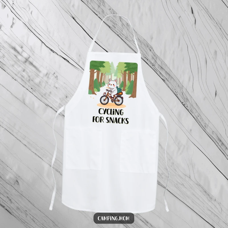 Funny camping animal apron, playfully riding a bicycle down a forest path, ready to add humor to kitchen tasks.