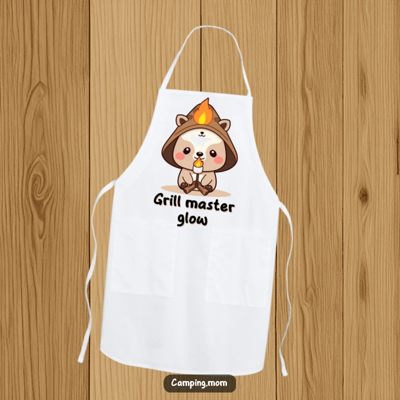 Funny campfire apron featuring a cheering animal in a hat, roasting a marshmallow, perfect for kitchen duties and outdoor lovers.