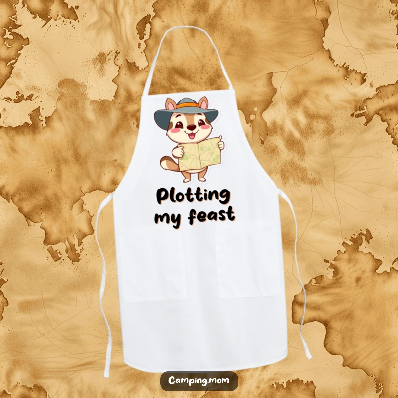 Funny animal character pointing at a map, ready for kitchen expeditions, on a humorous chef's apron.