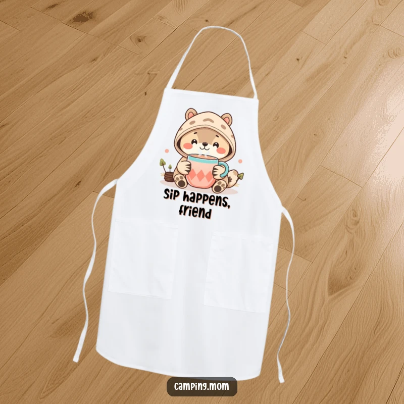 Funny Kawaii Camping Animal Apron showing a smiling creature offering hot cocoa, perfect for chefs and bakers who love cute designs.