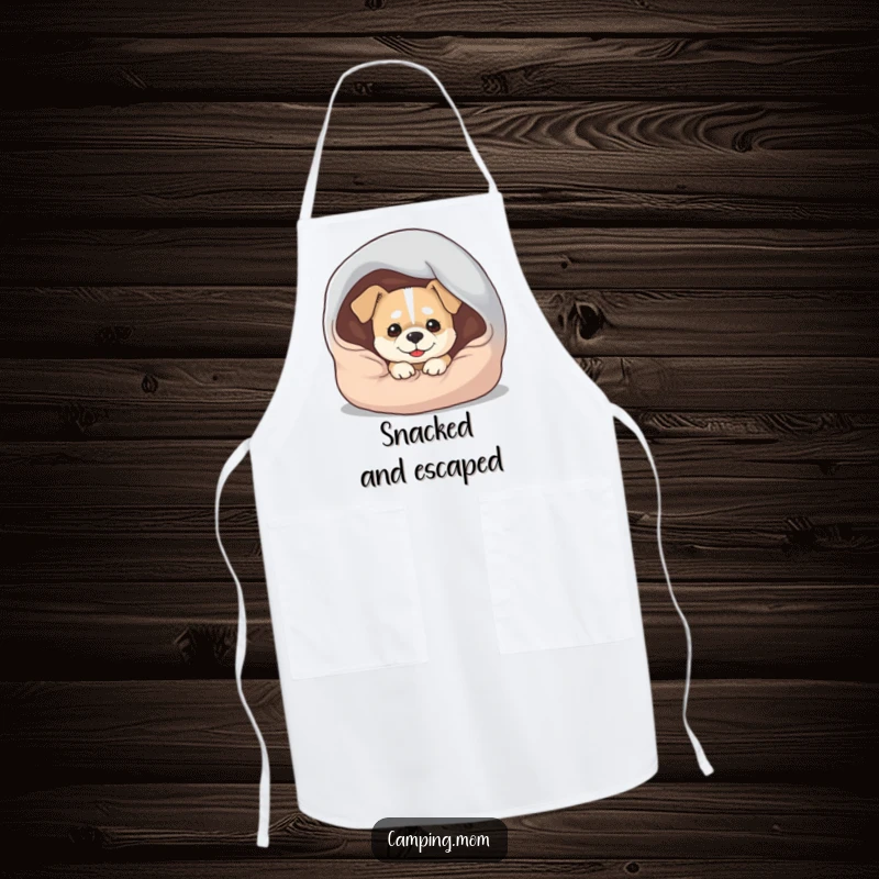Funny Dog Apron: An apron showcasing a dog with a mischievous grin peeking out from under a sleeping bag.