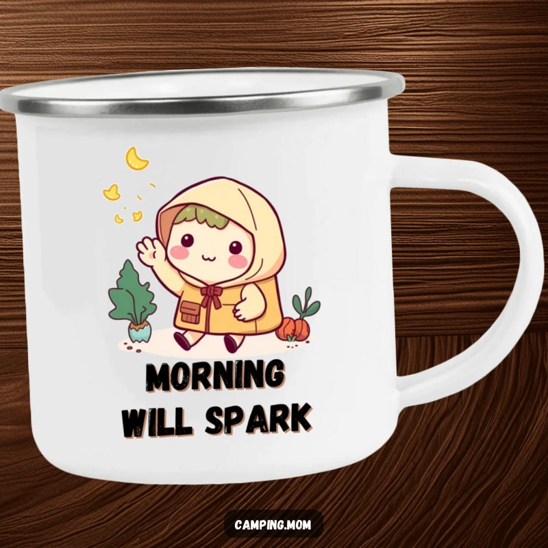 Funny Camping Mug: Kawaii camping character smiling and waving goodbye to fireflies, under the night sky.