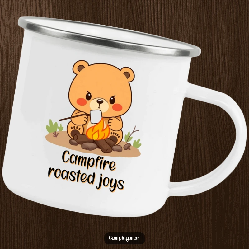 Funny camping mug of a determined mama bear roasting a marshmallow over a campfire, ideal for outdoor beverages.