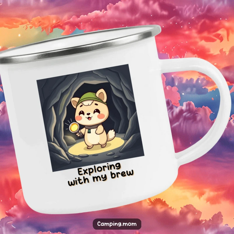 Funny camping animal enamel mug, giggling with a flashlight in a dark cave, embodying the spirit of brave exploration.