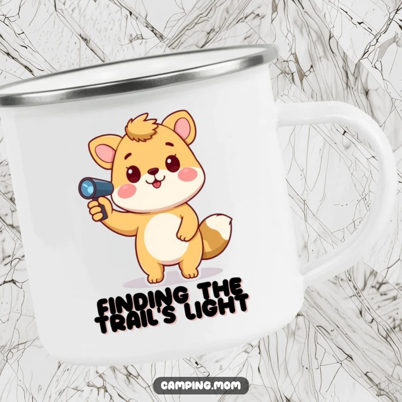Funny camping mug with a playful animal character holding a flashlight, pointing upwards, perfect for outdoor use.