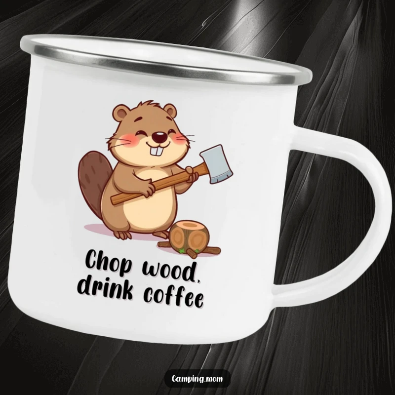 Funny camping mug with a giggling beaver holding an axe, ready to chop a log, for rugged outdoor humor.