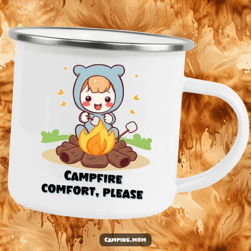 Funny camping mug depicting a character roasting marshmallows by a campfire, perfect for outdoor enthusiasts and humor lovers.