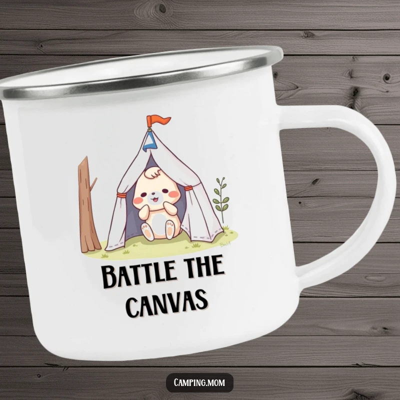 Funny animal character in a comical tent setup disaster, on a humorous camping mug.