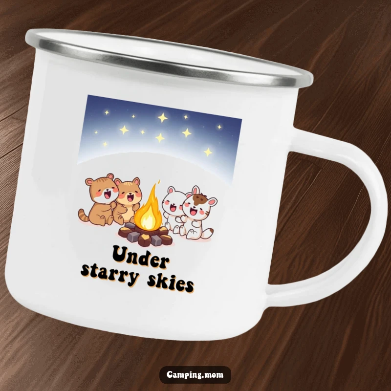 Funny campfire camping mug featuring animals huddled around a glowing fire under a starry sky, perfect for outdoor trips and stargazers.