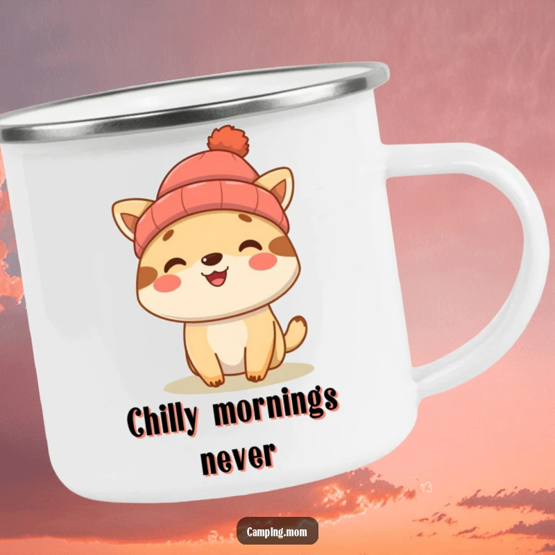 Funny camping animal character wearing a beanie, smiling on a rugged camping mug, perfect for outdoor trips.