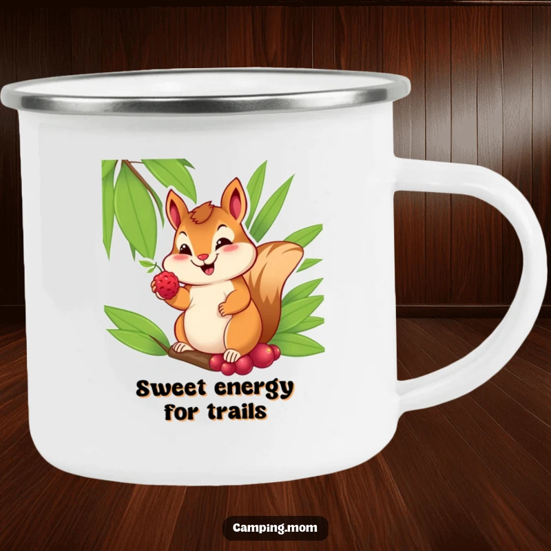 Funny camping mug with a cheerful chipmunk with a sweet smile, offering a berry from its palm, for outdoor charm.