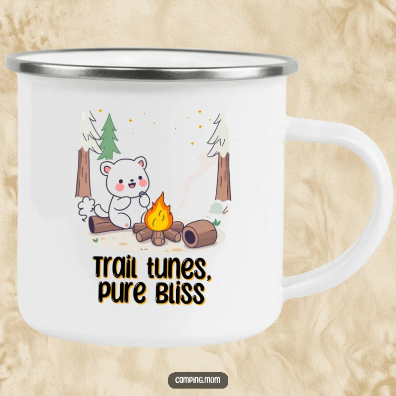 Funny Kawaii Camping Animal Camping Mug showing a happy singing creature beside a crackling campfire, perfect for outdoor enjoyment.