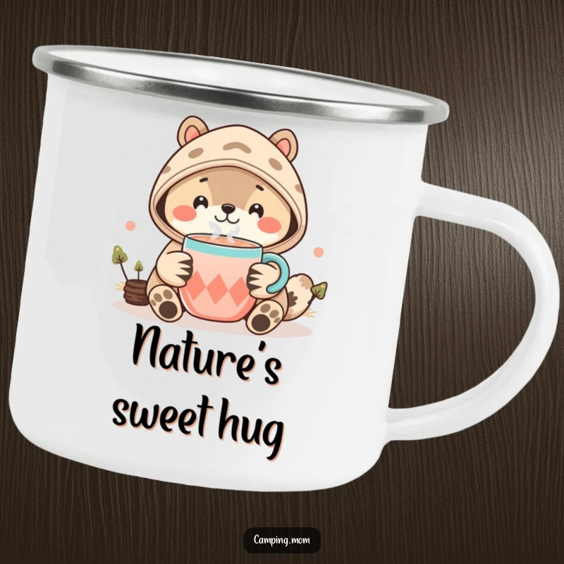 Funny Kawaii Camping Animal Camping Mug showing a smiling creature offering hot cocoa, ideal for outdoor adventures and warm drinks.