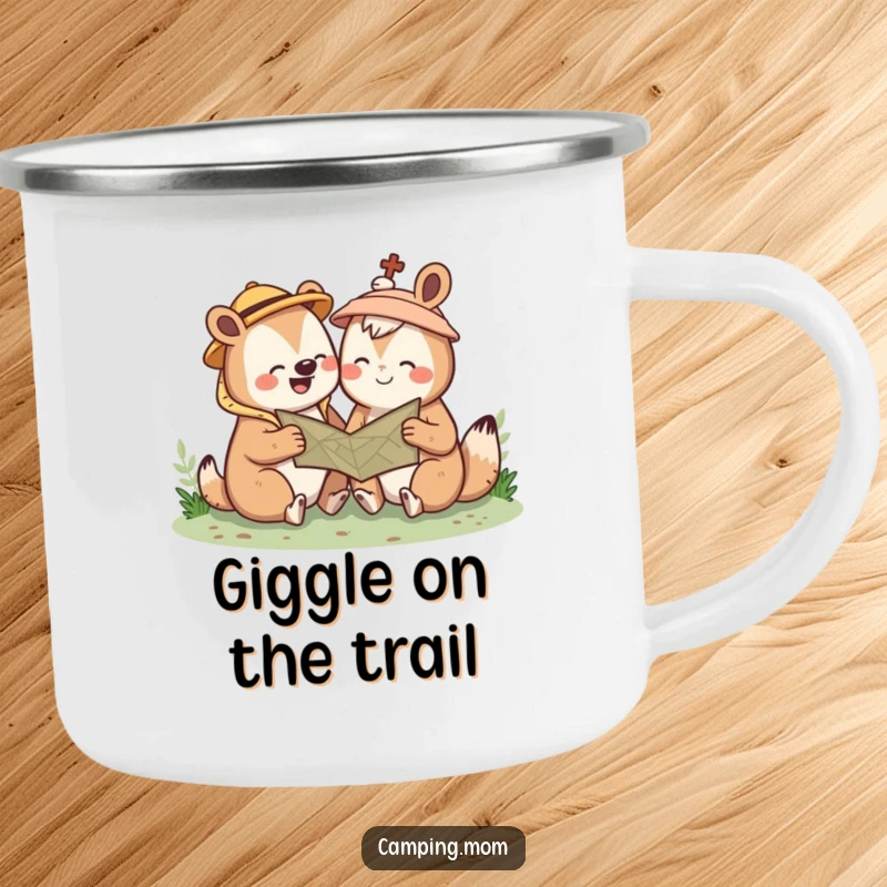 Funny Kawaii camping animal camping mug showing a cute creature giggling while looking at a map. Outdoor humor essential. Gift.