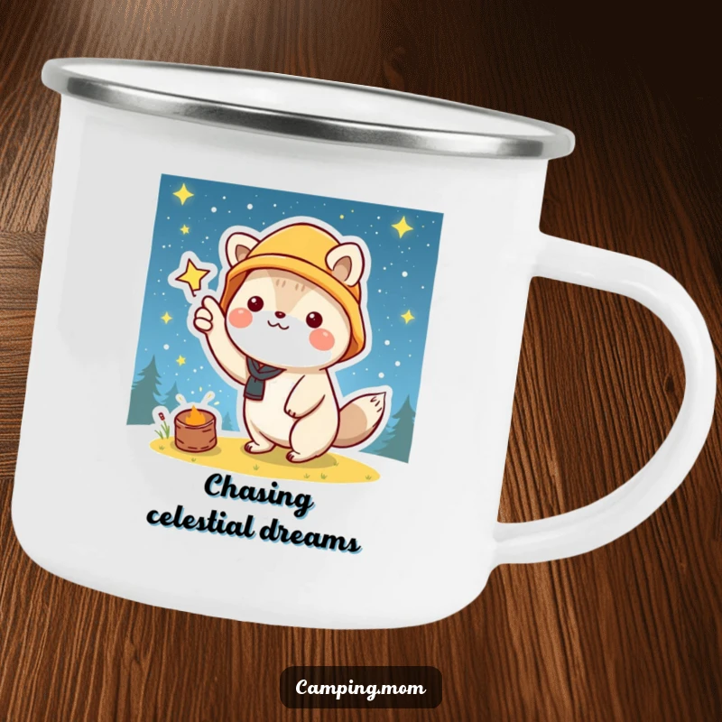 Funny camping mug with a kawaii animal pointing at a starry night sky, perfect for enjoying beverages outdoors.
