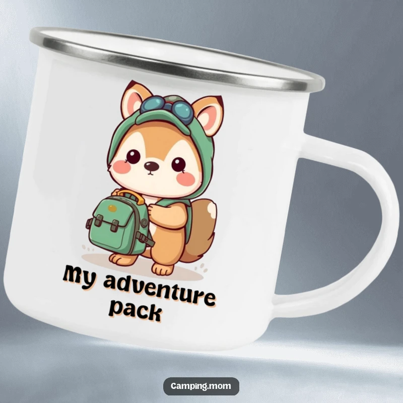 Funny camping mug with a kawaii animal holding a small backpack, ready for adventure, perfect for outdoor use.