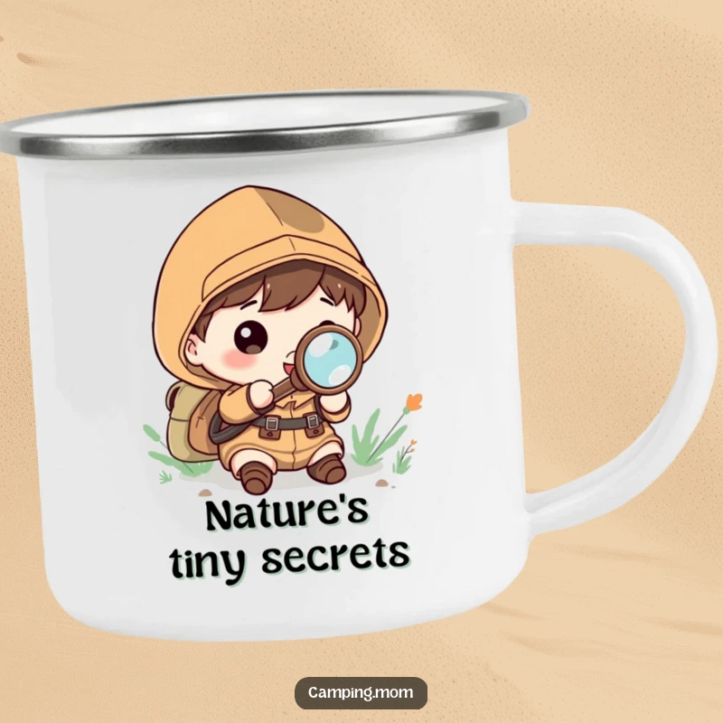 Funny Camping Mug: Kawaii camping character holding a magnifying glass, exploring with wonder.