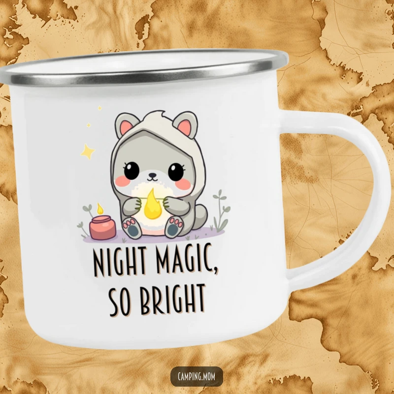 Funny Kawaii Camping Animal Camping Mug showing a creature in awe of a glowing firefly, ideal for night camping.