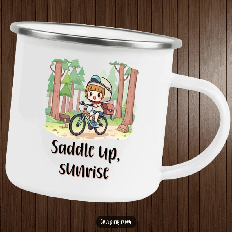 Funny Camping Mug: Kawaii camping character bicycling with glee through a forest path, ready for adventure.