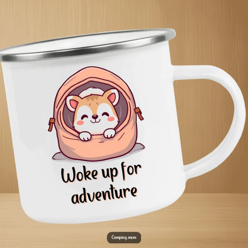 Funny camping animal enamel mug, peeking with a cheerful grin from a sleeping bag, ready for a day of outdoor fun.