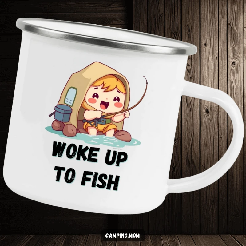 Funny Camping Mug: Kawaii camping character fishing by a lake, hopeful and excited for adventure.