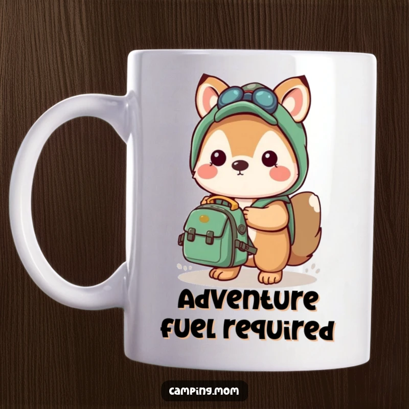 Funny mug with a kawaii camping animal holding a small backpack, looking eager and ready for an exciting adventure.