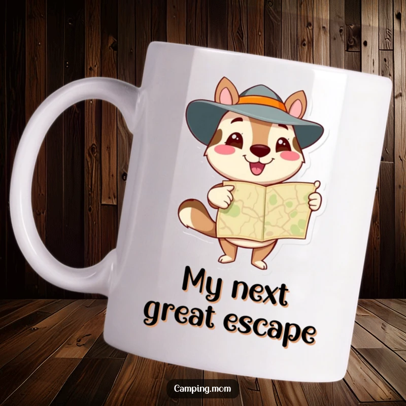 Funny animal character enthusiastically pointing at a map, ready for adventure, on a durable mug, perfect for travelers.