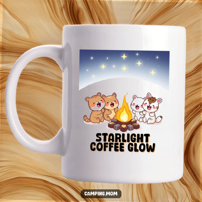 Funny campfire night mug showing animals excitedly huddled around a glowing fire under a starry sky, evoking warmth and wonder.