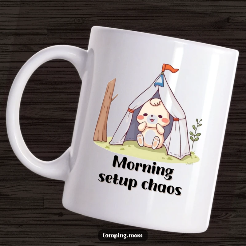 Funny animal character comically struggling to set up a small tent, on a humorous camping mug.