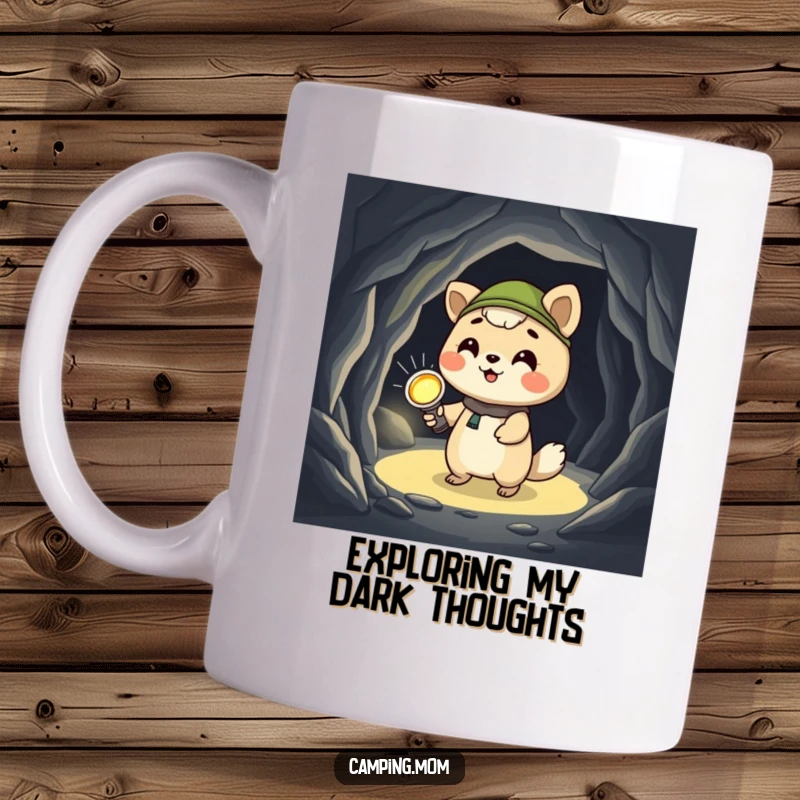 Funny camping animal mug, giggling while holding a flashlight, exploring a dark cave, radiating brave curiosity and humor.