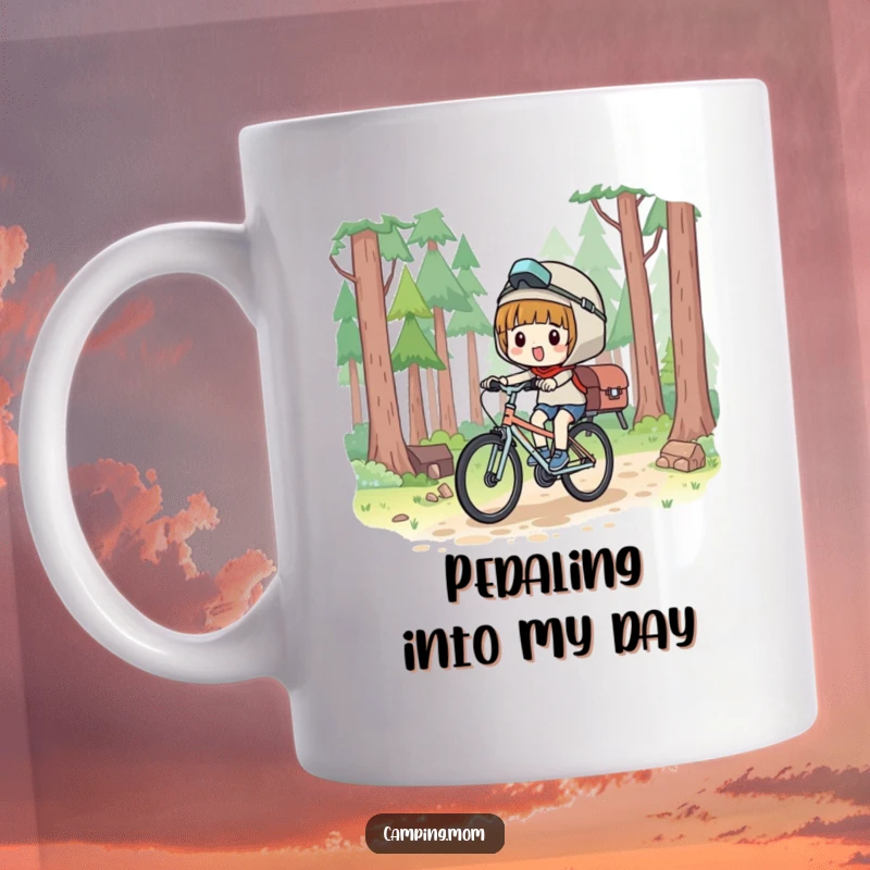 Funny Mug: Kawaii camping character happily bicycling through a lush forest path, pure glee shown.