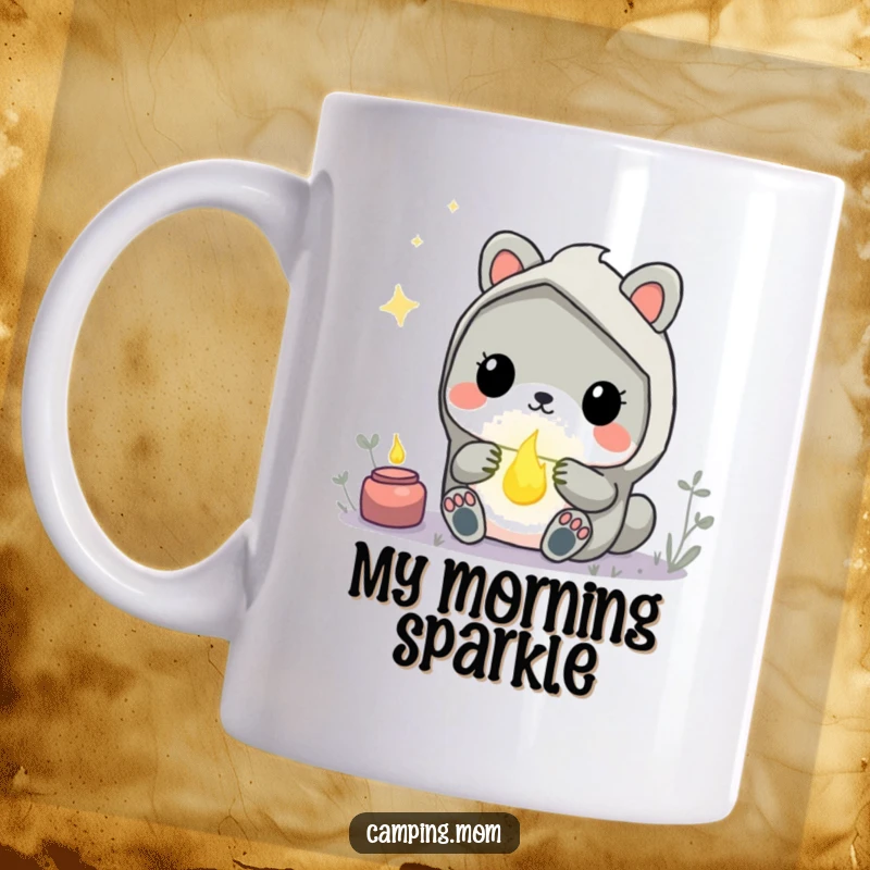 Funny Kawaii Camping Animal Mug showing a creature looking with wide-eyed wonder at a softly glowing magical firefly. A delightful gift.