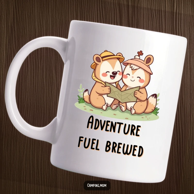 Funny Kawaii camping animal mug showing a cute creature giggling while studying a map, ready for adventure. Outdoor humor.