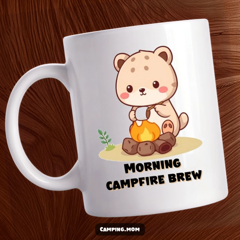 Funny kawaii camping animal mug showing a cute creature roasting a marshmallow over a tiny, glowing campfire.