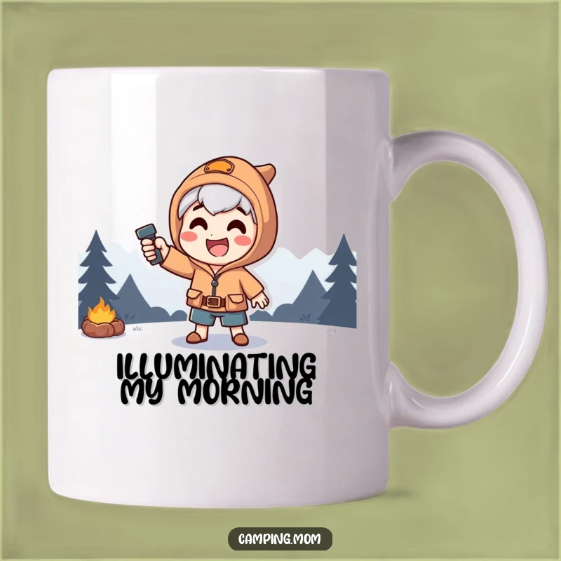 Light up your mornings with this funny mug featuring a happy camper striking a dramatic pose with a flashlight. Perfect for adventurers and storytellers.