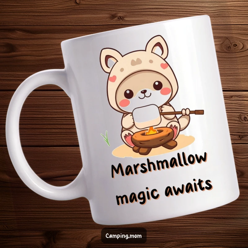 Funny kawaii camping animal character with a happy expression, roasting a perfectly golden marshmallow on a stick over a small campfire.