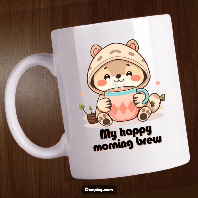Funny Kawaii Camping Animal Mug offering a steaming cup of cocoa with a warm, cozy smile, perfect for winter mornings or anytime.