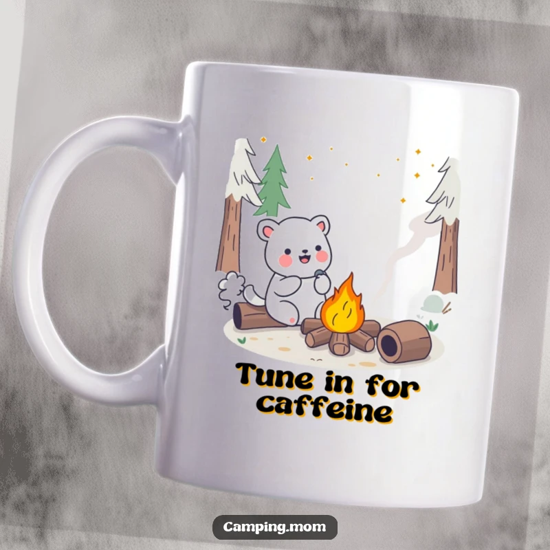 Funny Kawaii Camping Animal Mug with a happy creature singing joyfully by a bright, cheerful campfire. A delightful gift.